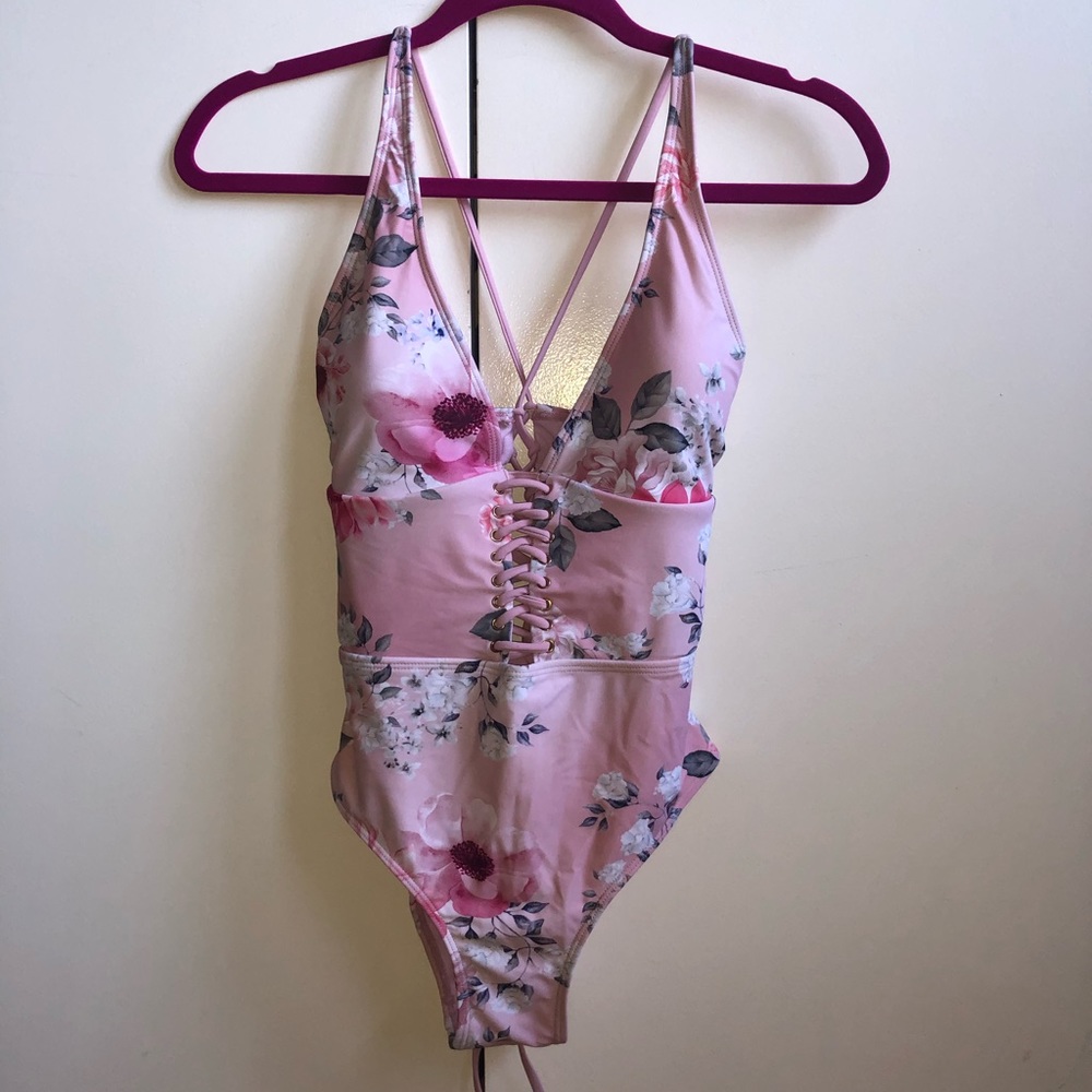 NWT one piece pink floral tie up swimsuit